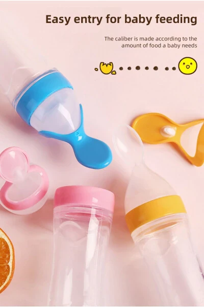 Integrated Baby Silicone Bottle, Bowl & Spoon. Baby Training Kids Complementary Food Bottle. Blue. - 3
