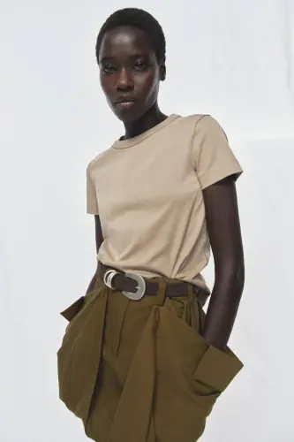 İNTERLOK KISA KOLLU T-SHIRT-Bej - ZARA (1)