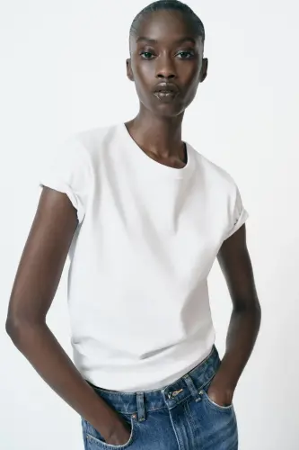 INTERLOK KISA KOLLU T-SHIRT-Beyaz - ZARA (1)