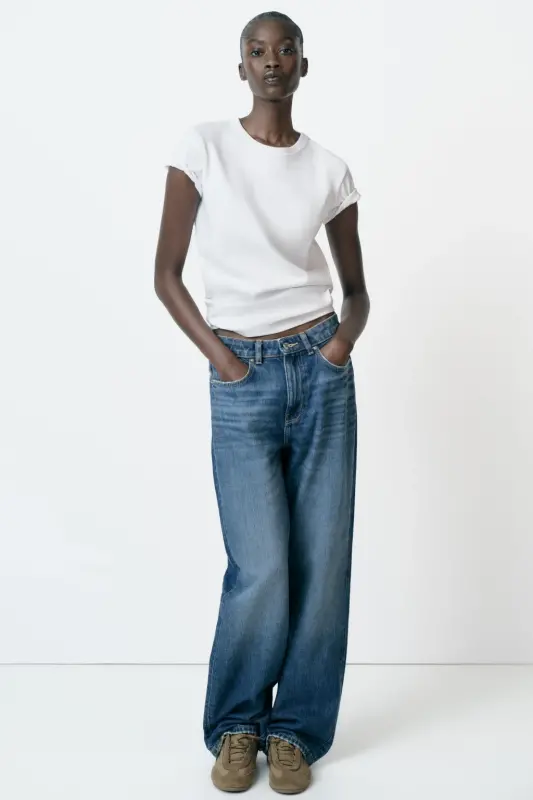 INTERLOK KISA KOLLU T-SHIRT-Beyaz - ZARA