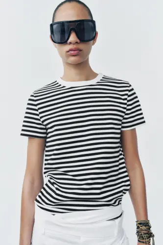 İNTERLOK KISA KOLLU T-SHIRT-çizgili - 4