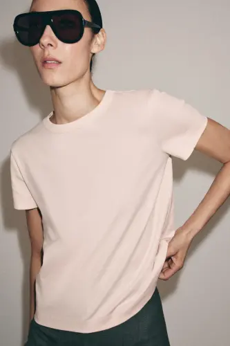 İNTERLOK KISA KOLLU T-SHIRT-Pastel pembe - ZARA (1)