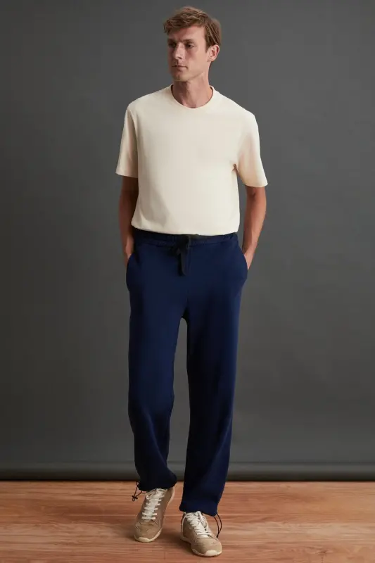 Internal Men's Soft Fleece Lined Comfortable Elastic Hemmed Comfort Fleece Navy Sweatpants-Navy - 2