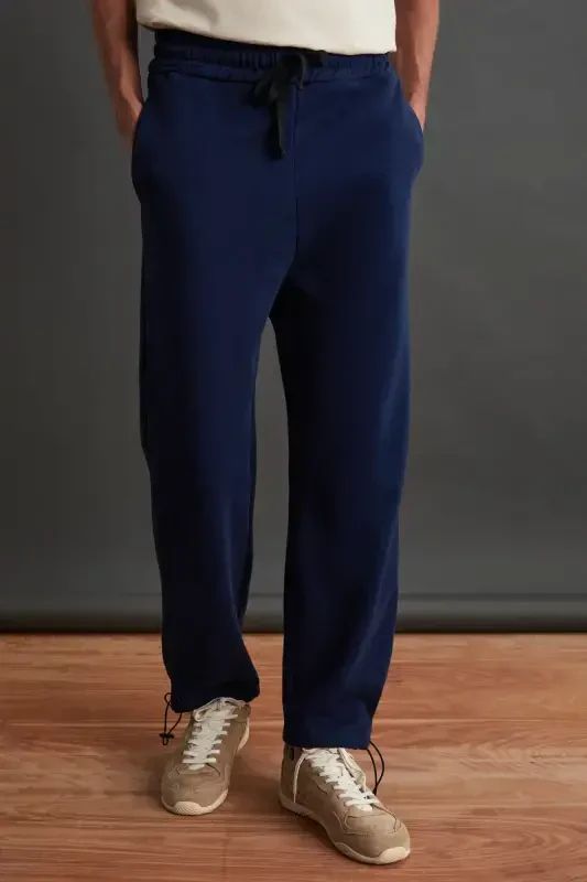 Internal Men's Soft Fleece Lined Comfortable Elastic Hemmed Comfort Fleece Navy Sweatpants-Navy - 1