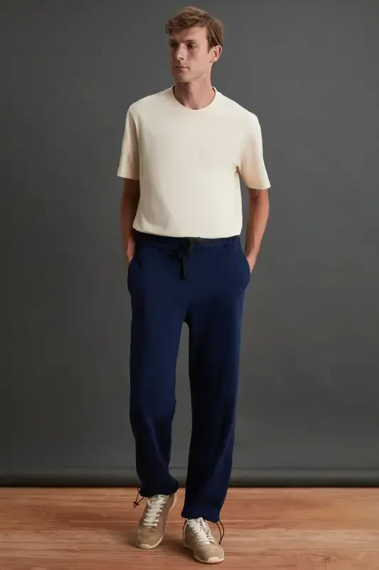 Internal Men's Soft Fleece Lined Comfortable Elastic Hemmed Comfort Fleece Navy Sweatpants-Navy - 2