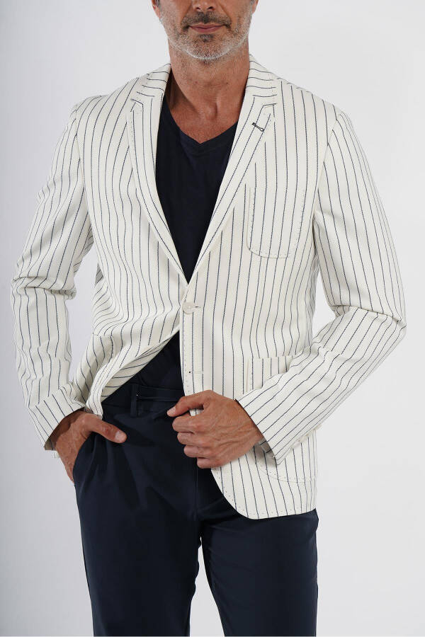 Intersivin Slim Fit Striped White Men's Summer Blazer Single Jacket - 4