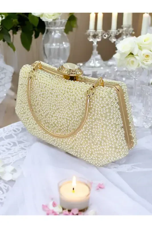 Inzhili Abiye Sumka Sadaf Rangi Kelin Sumkasi Abiye Sumka Kechki Sumka Portfel Klatch-Ekru - 5