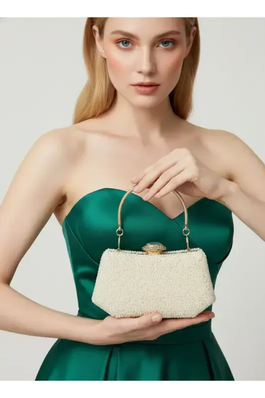 Inzhili Abiye Sumka Sadaf Rangi Kelin Sumkasi Abiye Sumka Kechki Sumka Portfel Klatch-Ekru - 6