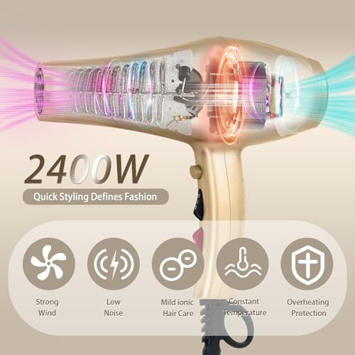 Ionic Hair Dryer,2400W Negative Ion Low Noise Hair Dryer Professional Fast Drying Hair Dryer with 2 Speeds, 3 Heat Settings, Cooling Button,with Diffuser for Curly and Straight Hair（Champagne Gold） - 2