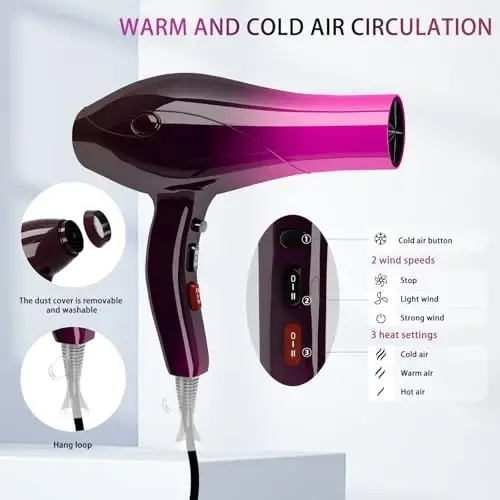 Ionic Hair Dryer,2400W Negative Ion Low Noise Hair Dryer Professional Fast Drying Hair Dryers with 2 Speeds, 3 Heat Settings, Cooling Button,with Diffuser for Curly and Straight Hair（Crimson Fade） - 4