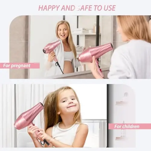 Ionic Hair Dryer,2400W Negative Ion Low Noise Hair Dryer Professional Fast Drying Hair Dryers with 2 Speeds, 3 Heat Settings, Cooling Button,with Diffuser for Curly and Straight Hair（Sakura Pink） - 6