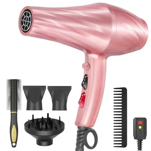 Ionic soch quritgich, 2400W manfiy ionli past shovqinli soch quritgich Professional tez qurituvchi soch quritgichlar 2 tezlik, 3 ta issiqlik sozlamalari, sovutish tugmasi, jingalak va tekis sochlar uchun Diffuzer bilan (Sakura pushti) - 1
