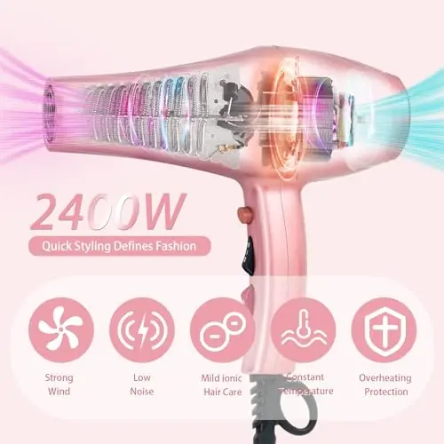Ionic soch quritgich, 2400W manfiy ionli past shovqinli soch quritgich Professional tez qurituvchi soch quritgichlar 2 tezlik, 3 ta issiqlik sozlamalari, sovutish tugmasi, jingalak va tekis sochlar uchun Diffuzer bilan (Sakura pushti) - IONIC (1)