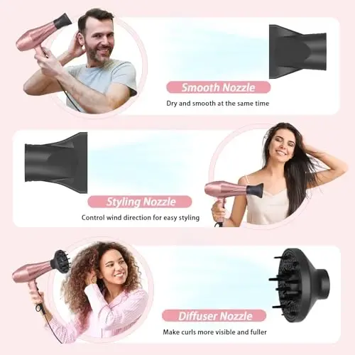 Ionic soch quritgich, 2400W manfiy ionli past shovqinli soch quritgich Professional tez qurituvchi soch quritgichlar 2 tezlik, 3 ta issiqlik sozlamalari, sovutish tugmasi, jingalak va tekis sochlar uchun Diffuzer bilan (Sakura pushti) - 5