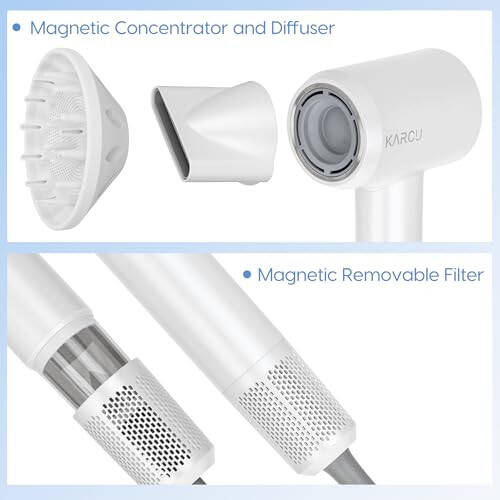 Ионная сушилка для волос KARCU с диффузором и концентратором, компактная сушилка для волос с 4 настройками тепла и 3 настройками воздушного потока, высокоскоростной двигатель 120000 об / мин, белый - 6