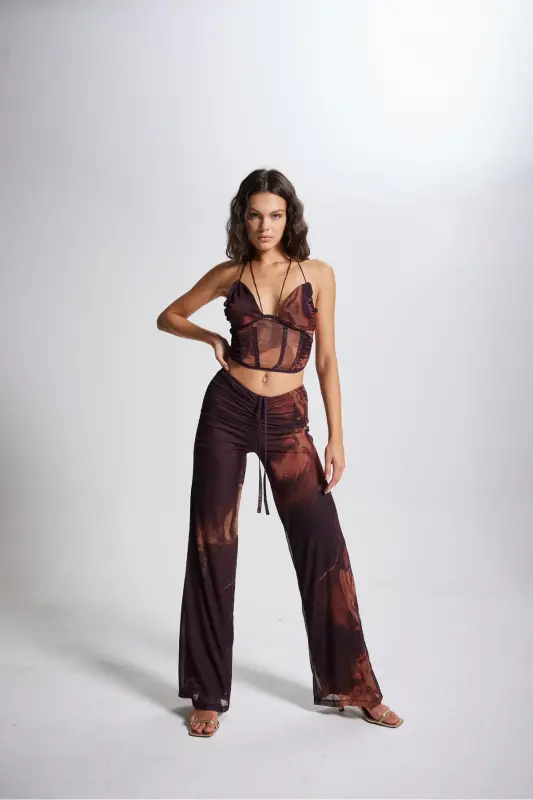 İp Bağlamalı Tül Sasha Bluz Kahve-Kahve - 3