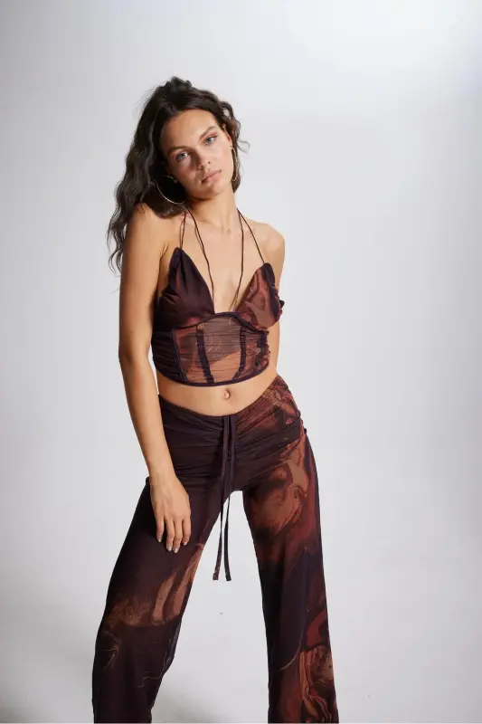 İp Bağlamalı Tül Sasha Bluz Kahve-Kahve - 5