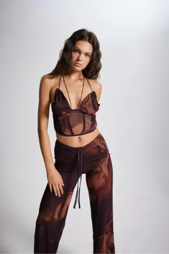 İp Bağlamalı Tül Sasha Bluz Kahve-Kahve - HOLLY LOLLY (1)