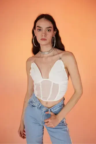 Ip Bog'lamali Tül Sasha Bluz Oq-Oq - 4