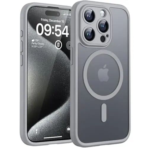 TOCOL Magnetic for iPhone 15 Pro Case, Upgraded Full Camera Protection, Compatible with Magsafe, Drop Protection, Translucent Matte Back Bumper Phone Cover 6.1-Inch (Gray) - TOCOL