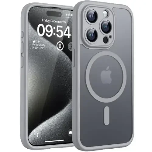 TOCOL Magnetic for iPhone 15 Pro Case, Upgraded Full Camera Protection, Compatible with Magsafe, Drop Protection, Translucent Matte Back Bumper Phone Cover 6.1-Inch (Gray) 
