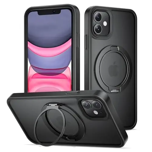 iPhone 11 6.1 Inch uchun Yriklso Stend G'ilofi, MagSafe bilan mos keladi, Harbiy darajadagi tushishdan himoya, Stendli mat zarbga chidamli qopqoq, Mat Qora - YRIKLSO