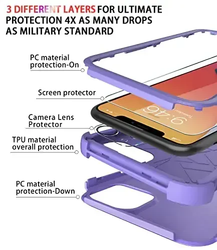 Diverbox for iPhone 11 Case [Shockproof] [Dropproof] [Tempered Glass Screen Protector],Heavy Duty Protection Phone Case Cover for Apple iPhone 11 (Purple-3in1) - 6