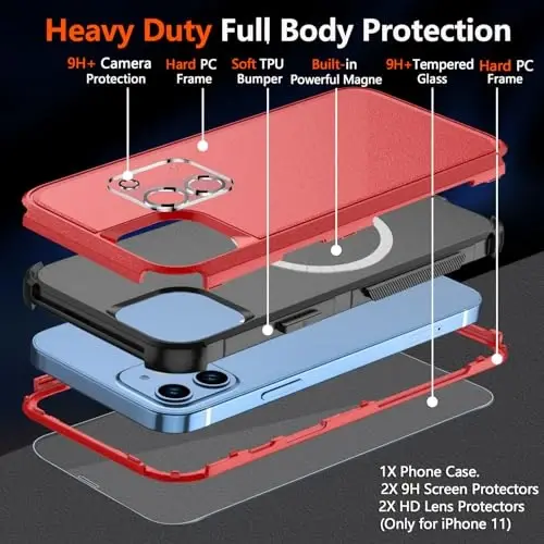 Diverbox for iPhone 11 Phone Case,iPhone 11 Magnetic Case [with Screen Protector & Camera Lens Protector ] Heavy Duty Phone Case for iPhone 11 Case (Magnetic Red) - 5
