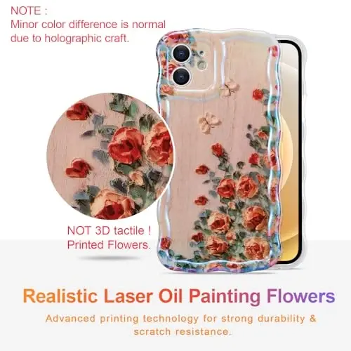 EYZUTAK Case for iPhone 11, Colorful Retro Oil Painting Printed Flower Laser Beam Glossy Pattern Cute Curly Waves Border Exquisite Phone Cover Stylish Durable TPU Protective Case for Girls Women-Beige - 2