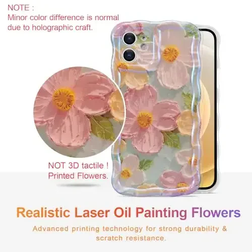 EYZUTAK Case for iPhone 11, Colorful Retro Oil Painting Printed Flower Laser Beam Glossy Pattern Cute Curly Waves Border Exquisite Phone Cover Stylish Durable TPU Protective Case for Girls Women-Green - EYZUTAK (1)