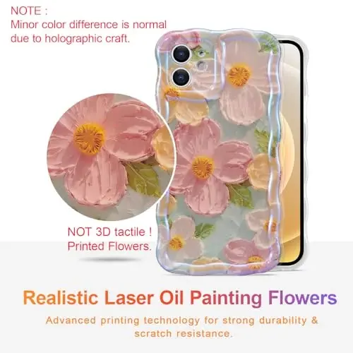 EYZUTAK Case for iPhone 11, Colorful Retro Oil Painting Printed Flower Laser Beam Glossy Pattern Cute Curly Waves Border Exquisite Phone Cover Stylish Durable TPU Protective Case for Girls Women-Green - EYZUTAK (1)