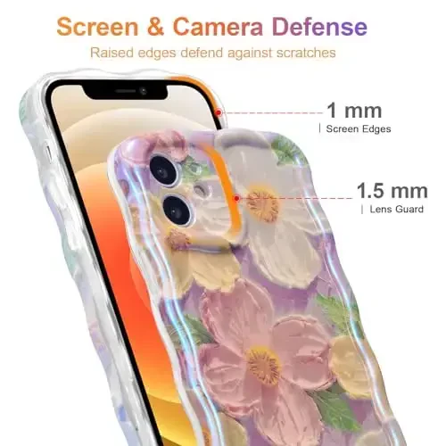 EYZUTAK Case for iPhone 11, Colorful Retro Oil Painting Printed Flower Laser Beam Glossy Pattern Cute Curly Waves Border Exquisite Phone Cover Stylish Durable TPU Protective Case for Girls Women -Pink - 4