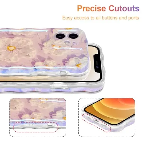 EYZUTAK Case for iPhone 11, Colorful Retro Oil Painting Flower Laser Glossy Pattern Cute Curly Wave Border Exquisite Phone Cover Stylish Durable TPU Protective Case for Girl Women - Light Purple - 5