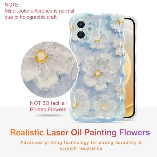 EYZUTAK Case for iPhone 11, Colorful Retro Oil Painting Flower Laser Glossy Pattern Cute Curly Wave Border Exquisite Phone Cover Stylish Durable TPU Protective Case for Girls Women - Light Blue - 2
