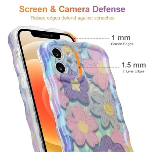 EYZUTAK Case for iPhone 11, Colorful Retro Oil Painting Flower Laser Glossy Design Cute Curly Waves Edge Exquisite Phone Cover Stylish Durable TPU Protective Case for Girls Women - Pink Purple - 4