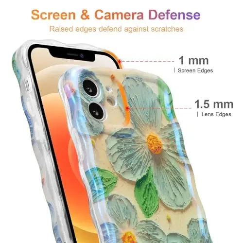 EYZUTAK Case for iPhone 11, Colorful Retro Oil Painting Flower Leaves Laser Glossy Pattern Cute Curly Waves Edge Exquisite Phone Cover Stylish Durable TPU Protective Case for Girls Women - Blue Green - 4