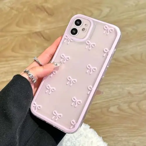 EYZUTAK Case for iPhone 11, Clear Cute Ribbon Bowknot Pattern Aesthetic Transparent Phone Case Raised Camera Protection Stylish Slim Soft Durable TPU Protective Cover for Women Girls - Pink - 1