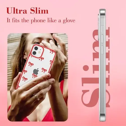 EYZUTAK Case for iPhone 11, Clear Cute Ribbon Bowknot Pattern Aesthetic Transparent Phone Case Raised Camera Protection Stylish Slim Soft Durable TPU Protective Cover for Women Girls - Red - 4