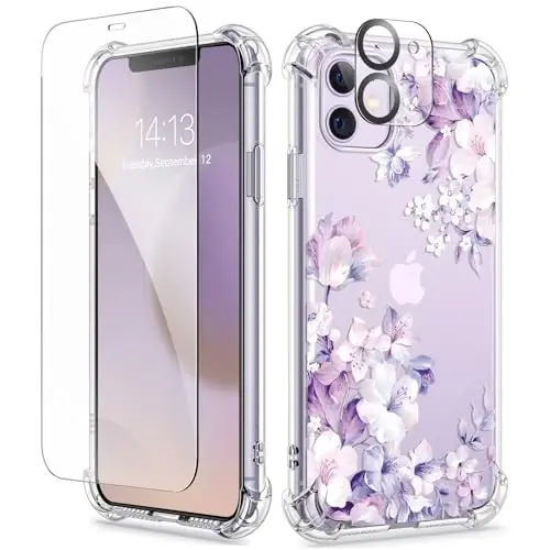 iPhone 11 için GVIEWIN Çiçekli Kılıf, Ekran Koruyucu ve Kamera Lens Koruyucu ile, [Sararma Yapmaz] Kadınlar için Yumuşak Darbeye Dayanıklı Şeffaf Telefon Koruyucu Kılıf, Çiçek Desenli Tasarım 6.1