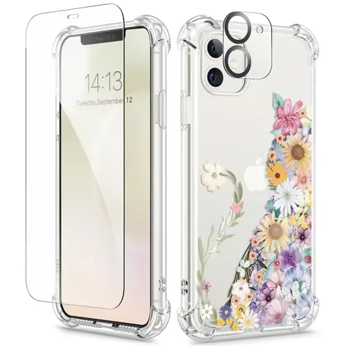 iPhone 11 için GVIEWIN Çiçekli Kılıf, Ekran Koruyucu ve Kamera Lensi Koruyucu ile, [Sararma Yapmaz] Kadınlar için Yumuşak Darbe Emici Şeffaf Telefon Koruyucu Kılıf, Çiçek Desenli Tasarım 6.1