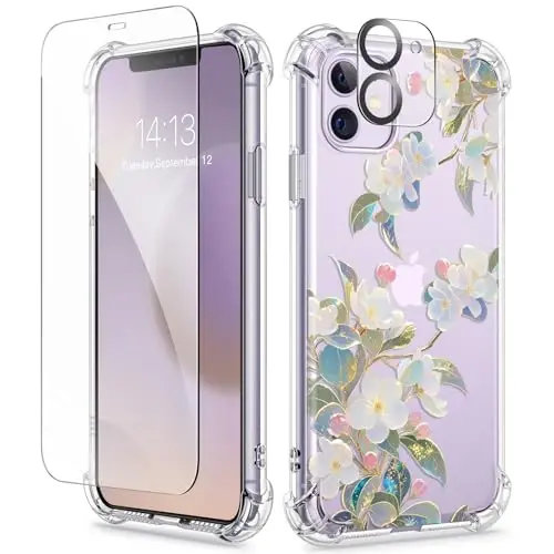 iPhone 11 için GVIEWIN Çiçekli Kılıf, Ekran Koruyucu ve Kamera Lensi Koruyucu ile, [Sararma Yapmaz] Kadınlar için Yumuşak Darbe Emici Şeffaf Telefon Koruyucu Kılıf, Çiçek Desenli Tasarım 6.1