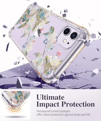 iPhone 11 için GVIEWIN Çiçekli Kılıf, Ekran Koruyucu ve Kamera Lensi Koruyucu ile, [Sararma Yapmaz] Kadınlar için Yumuşak Darbe Emici Şeffaf Telefon Koruyucu Kılıf, Çiçek Desenli Tasarım 6.1