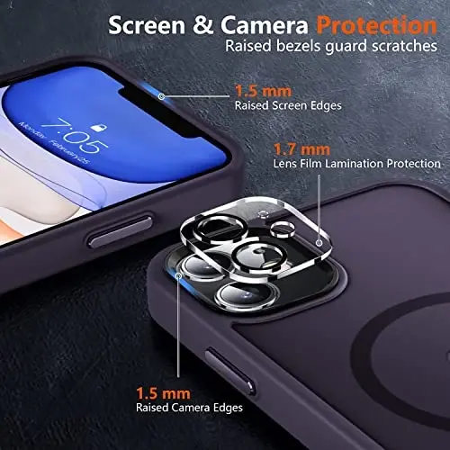 MOCCA Strong Magnetic for iPhone 11 Phone Case,[Compatible with Magsafe][Glass Screen Protector+Camera Lens Protector] Slim Thin Shockproof Cover Case for iPhone 11 6.1 inch, Deep Purple - 5