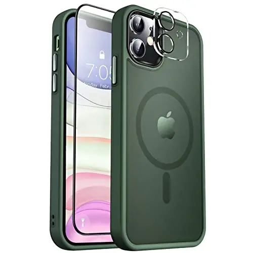 MOCCA Strong Magnetic for iPhone 11 Phone Case,[Compatible with Magsafe][Glass Screen Protector+Camera Lens Protector] Slim Thin Shockproof Cover Case for iPhone 11 6.1 inch, Midnight Green - MOCCA