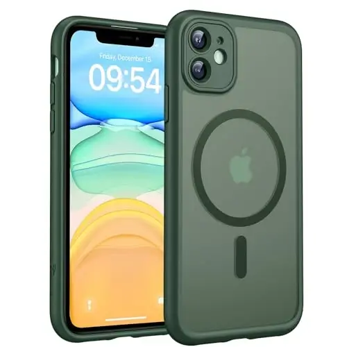 iPhone 11 için TOCOL Kılıf, Magsafe ile uyumlu, Tam Kamera Koruması, Dahili Mıknatıslar, Düşme Koruması, iPhone 11 6.1 inç için Yarı Saydam Mat Telefon Kılıfı (Alp Yeşili) 