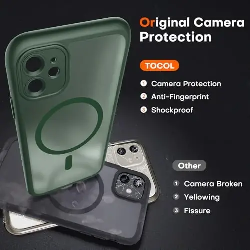 iPhone 11 için TOCOL Kılıf, Magsafe ile uyumlu, Tam Kamera Koruması, Dahili Mıknatıslar, Düşme Koruması, iPhone 11 6.1 inç için Yarı Saydam Mat Telefon Kılıfı (Alp Yeşili) - 5