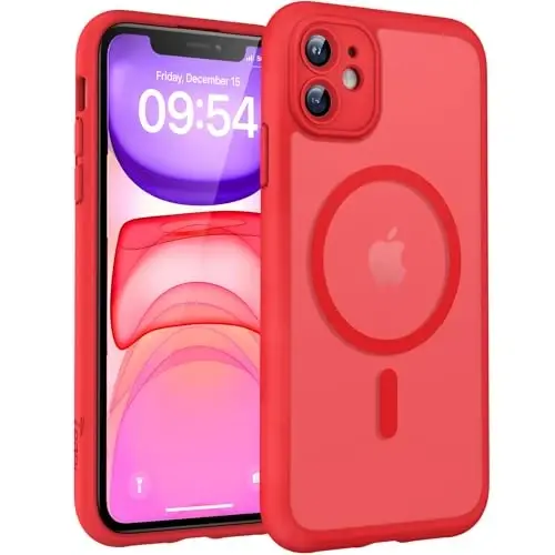 iPhone 11 Kılıf için TOCOL, Magsafe ile Uyumlu, Tam Kamera Koruması, Dahili Mıknatıslar, Düşme Koruması, iPhone 11 6.1 inç için Yarı Saydam Mat Telefon Kılıfı (Kırmızı) 