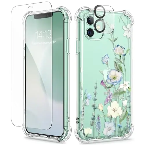 iPhone 11 Kılıfı GVIEWIN Çiçekli, Ekran Koruyucu ve Kamera Lens Koruyuculu, [Sararmaz] Kadınlar için Yumuşak Darbeye Dayanıklı Şeffaf Telefon Koruyucu Kapak, Çiçek Desenli Tasarım 6.1