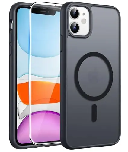 FNTCASE for iPhone 11 Case: [Compatible with Magsafe] Translucent Matte Magnetic Phone Cover - Military Grade Drop Protection Shockproof Protective Cases - Black - FNTCASE