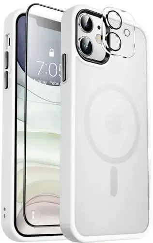 MOCCA Strong Magnetic for iPhone 11 Case,[Compatible with Magsafe][Glass Screen Protector+Camera Lens Protector] Slim Thin Shockproof Cover Case for iPhone 11 6.1 inch, Frosted White - MOCCA